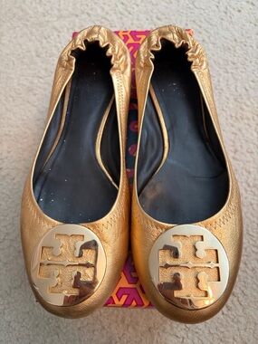 Tory Burch Metallic Gold Logo Reva Ballet Flats 9.5